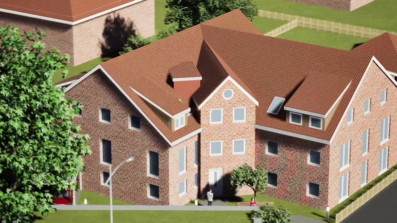 Außenvisualisierung Poststraße 14, 30900 Wedemark – Geplanter Entwurf mit Klinkerfassade und begrünten Carports