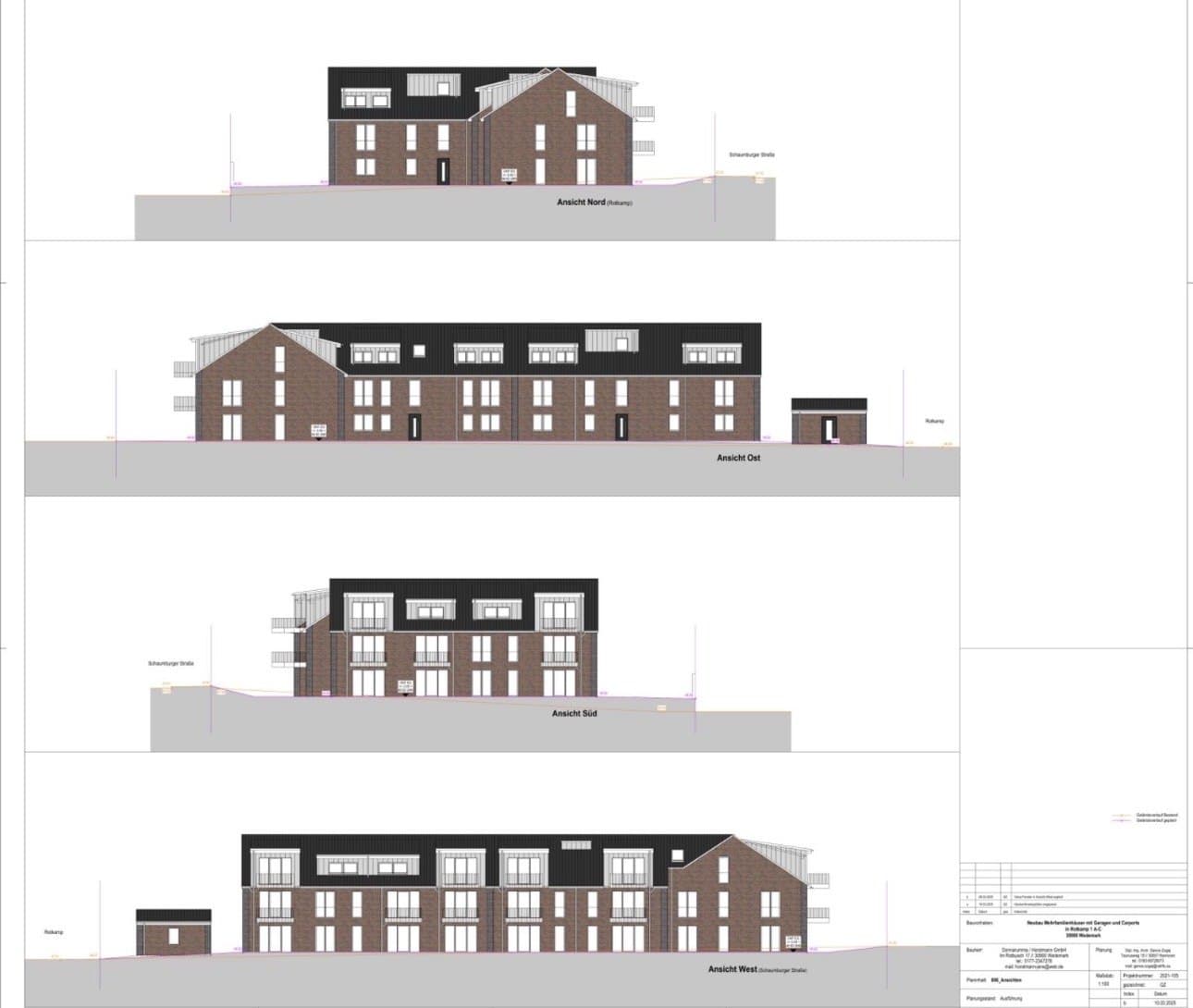 Außenvisualisierung Rotkamp 1, 30900 Wedemark – Ansichten Nord, Ost, Süd und West – Klinker mit abgesetztem Dachgeschoss